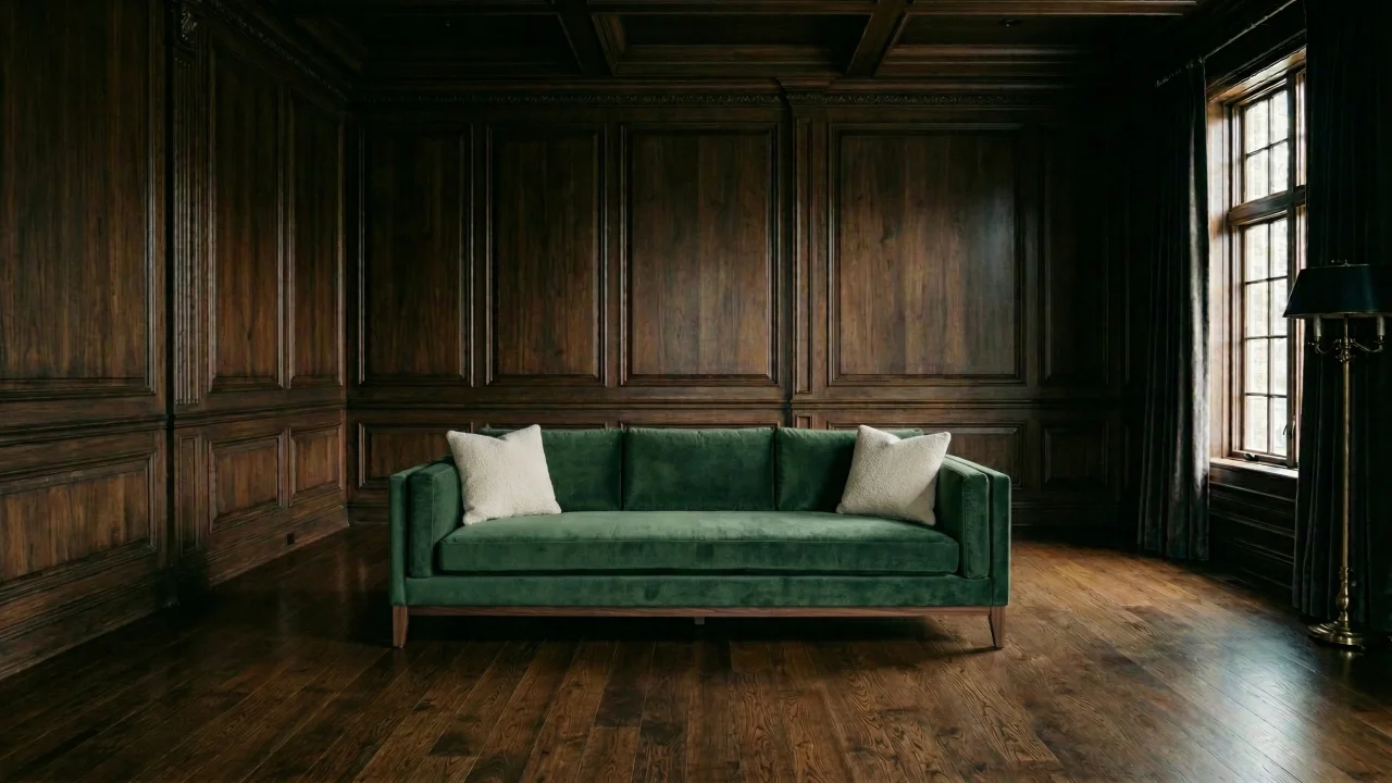 ウッドパネルの部屋とフォレストグリーンのベルベットソファ デスクトップPC壁紙、背景画像