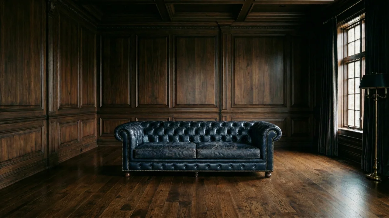ウッドパネルの部屋とネイビーのチェスターフィールドソファ デスクトップPC壁紙、背景画像