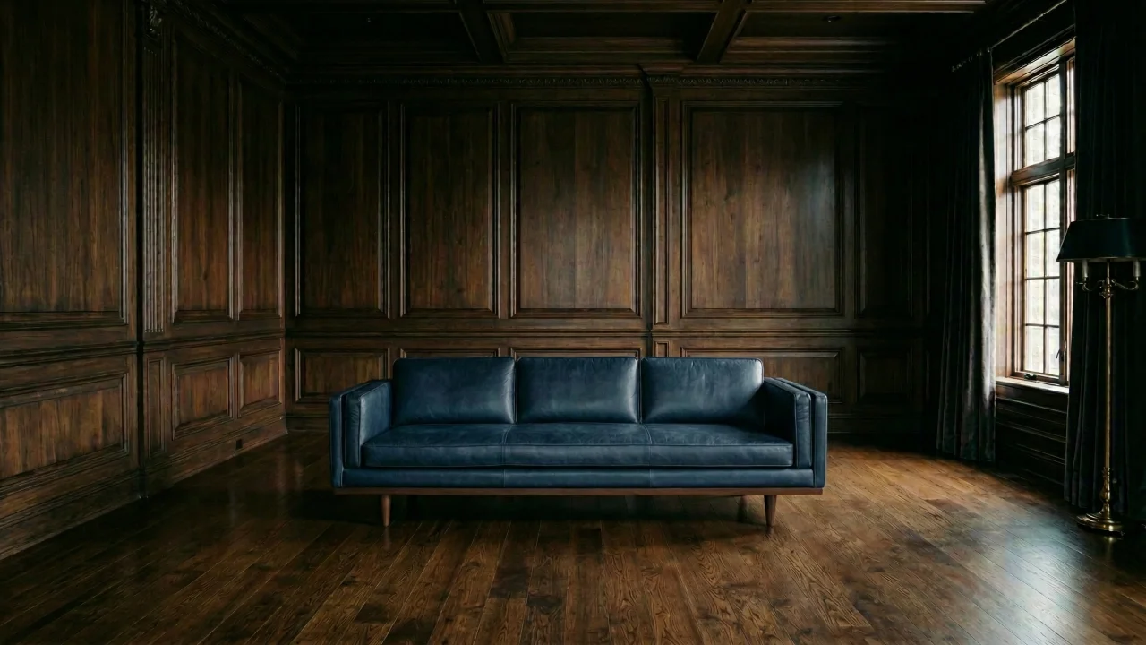 ウッドパネルの部屋とネイビーのミッドセンチュリーレザーソファ デスクトップPC壁紙、背景画像