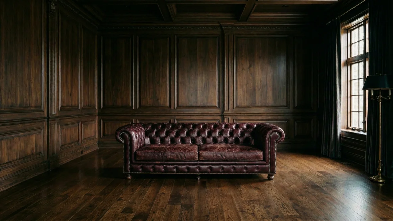 ウッドパネルの部屋とワインレッドのチェスターフィールドソファ デスクトップPC壁紙、背景画像
