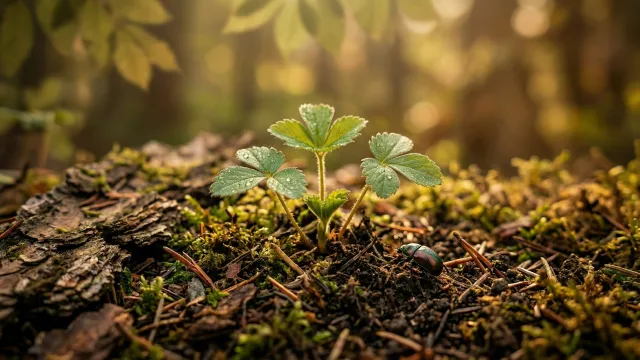 森の地面に芽吹く若葉と甲虫
