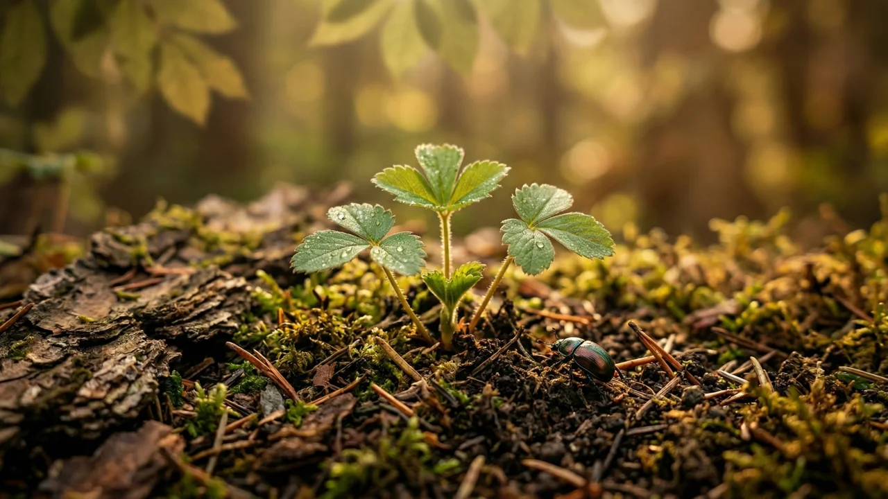 森の地面に芽吹く若葉と甲虫 デスクトップPC壁紙、背景画像